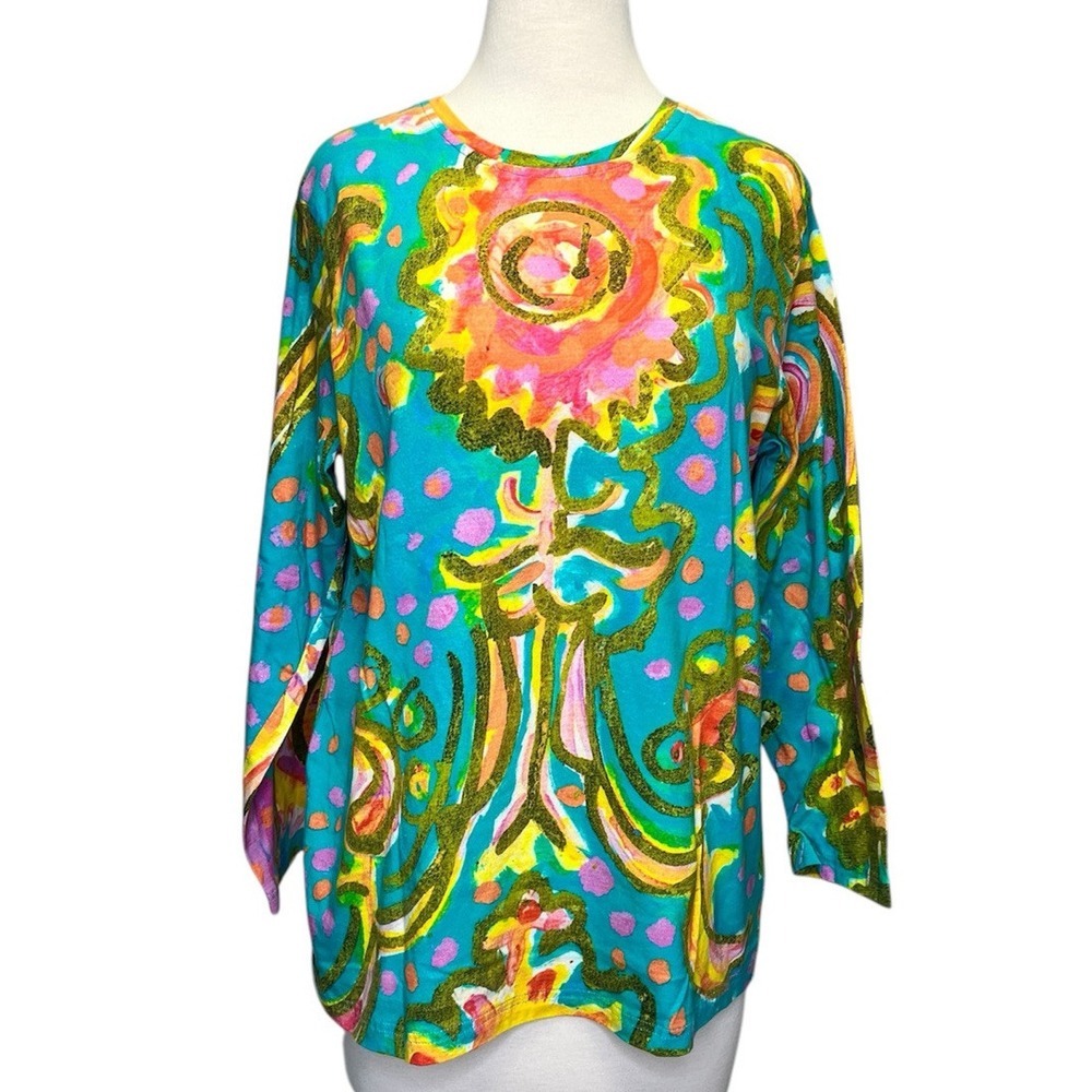 Amanda Johnson Studio Women's Larg Long Sleeve Top T Shirt Cotton Floral‎ Boho